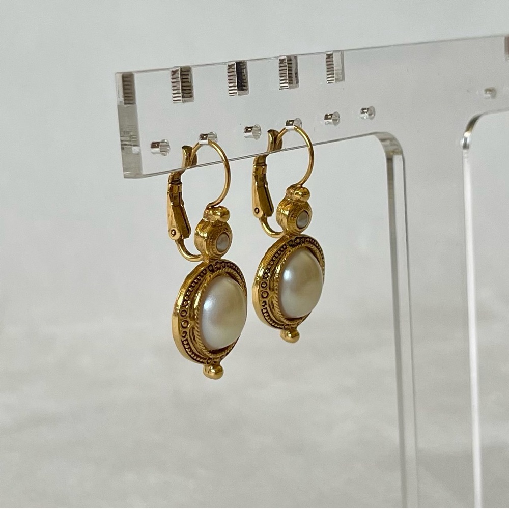 Elegant Vintage Antique Gold Tone Pierced Pearl Drop Earrings - Picture 6 of 11